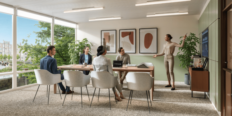 A woman stands and presents to four seated colleagues in a modern office meeting room with large windows, greenery, framed abstract art, and a digital screen on the wall.