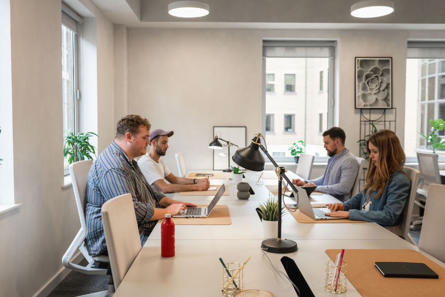 Four people sitting at a long table in a modern office, each working on laptops. The room has large windows, minimalist decor, and desk lamps. A potted plant is visible near the windows.