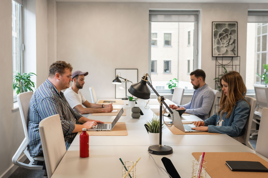 Four people sitting at a long desk in a modern office setting. They are working on laptops, with desk lamps and small plants on the table. The office is bright, with large windows and minimalist decor.