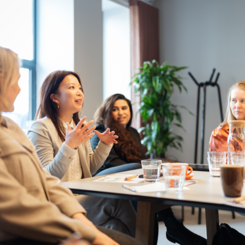 A group of women sit around a table in discussion, with one woman speaking animatedly. Papers, glasses of water, and a coffee are on the table in a bright, modern meeting room.