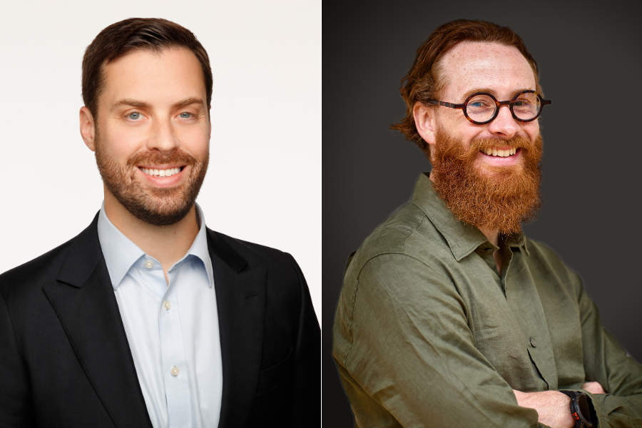 Side-by-side portraits of two men: on the left, a man with short brown hair and a beard in a suit and light blue shirt; on the right, a smiling man with red hair, a full beard, glasses, and a green shirt.