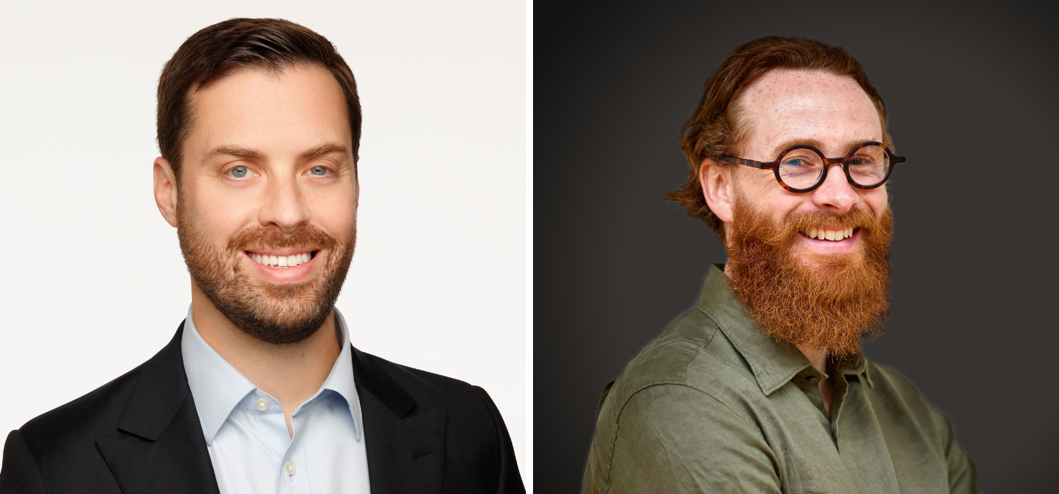 Side-by-side portraits of two men: one with short dark hair and a beard, wearing a suit and light blue shirt; the other with long red hair, a full red beard, round glasses, and a green shirt, smiling against a dark background.