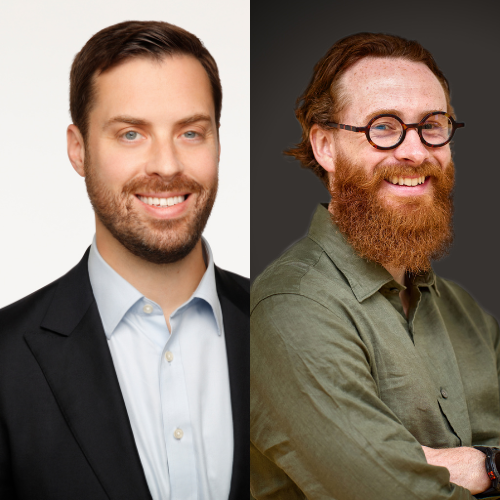 A split image showing two men: on the left, a man in a suit jacket and collared shirt smiles against a light background; on the right, a bearded man with glasses and a green shirt smiles against a dark background.