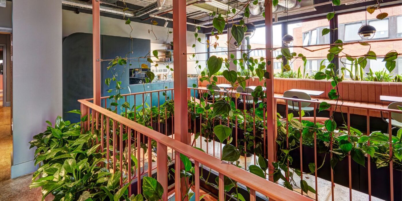 A modern indoor space with pink railings, green leafy plants, booth seating with pink cushions, large windows, and natural light creating a vibrant, inviting atmosphere.
