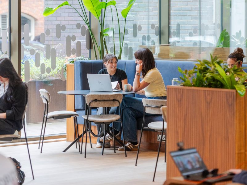 Two women sit at a table in a modern, bright cafe, chatting and smiling. One has a laptop open. Large windows, indoor plants, and contemporary decor are visible in the background.