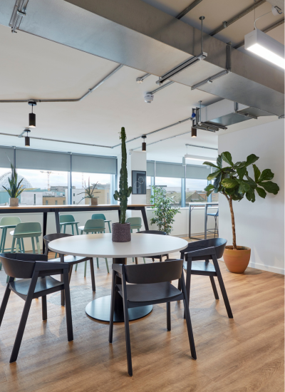 Modern office break area with round white table, black chairs, potted cactus centerpiece, green chairs by a counter, large windows with blinds, wooden floor, and several indoor plants.