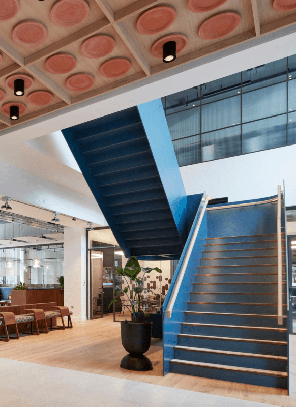 A modern office interior with a blue staircase, wooden floors, a potted plant at the stair base, brown seating area to the left, and large windows providing natural light.
