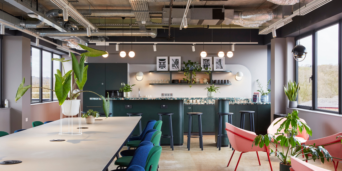 Modern office kitchen and lounge with a long table, colorful chairs, green barstools, indoor plants, large windows, and industrial ceiling with exposed pipes. Shelves and pendant lights add stylish touches to the space.